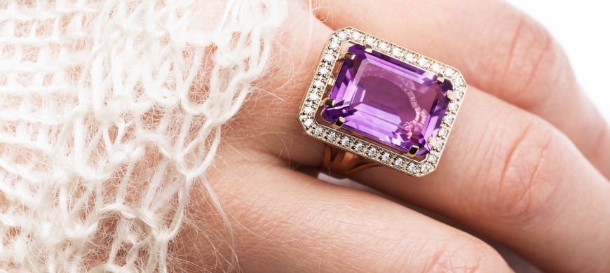Close up of an amethyst ring