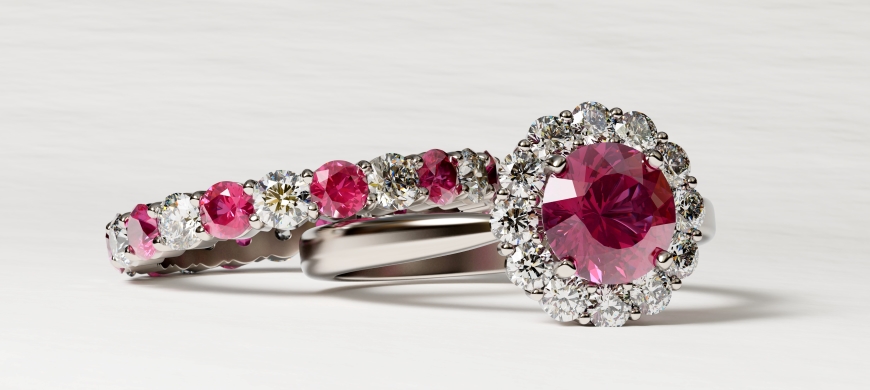 Picture of a ruby engagement ring and wedding band