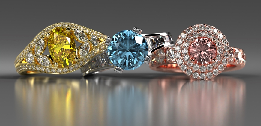 Yellow, blue, and pink engagement ring