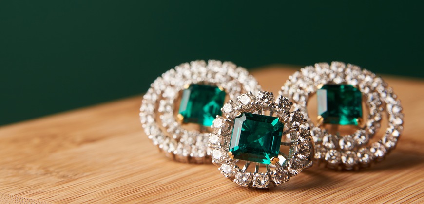Three emerald stones on a wood table