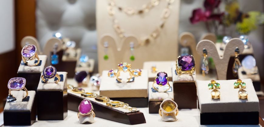 Different colored jewelry on display