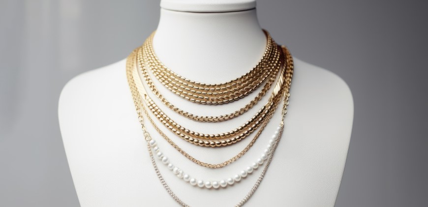 Multiple different length necklaces on a mannequin