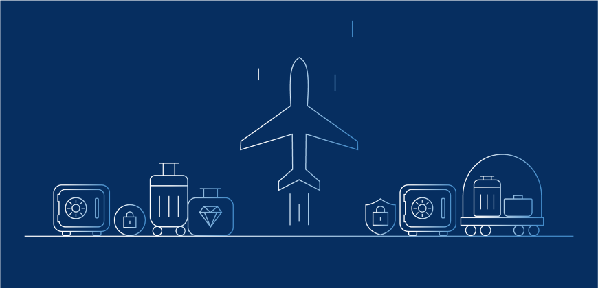 Picture of an airplane and travel accessories on a navy background
