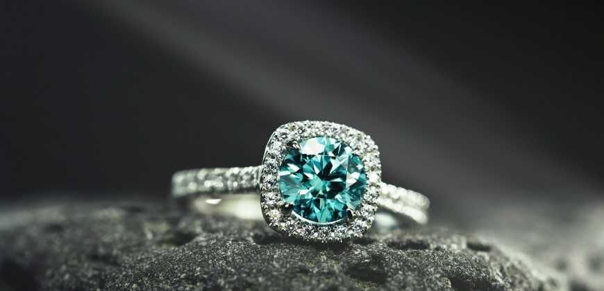 Blue diamond ring close up
