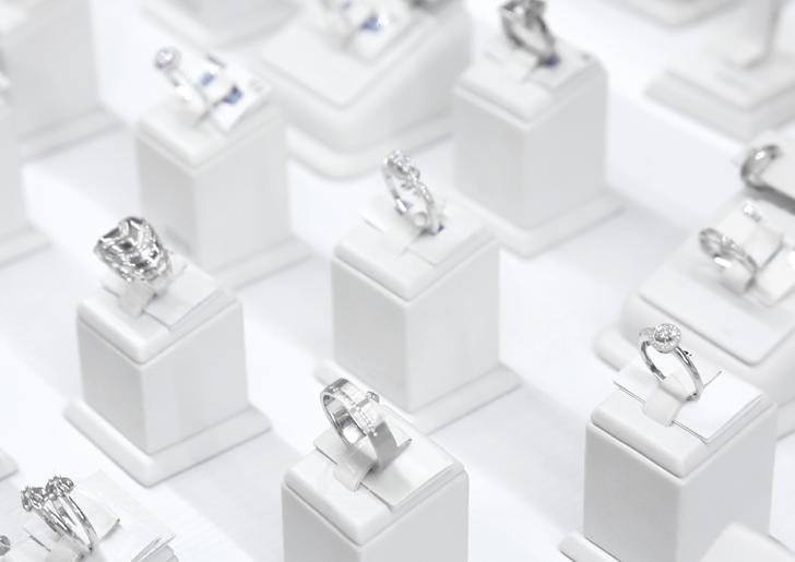 Rings in a jewelry case on display