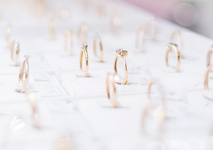 Rings in a jewelry case on display