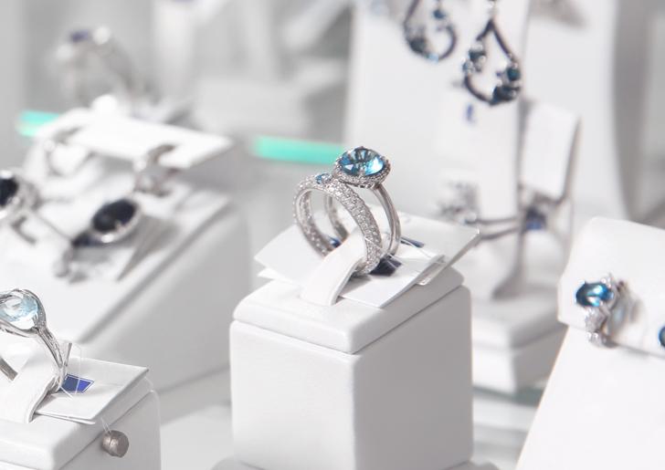 Rings in a jewelry case on display