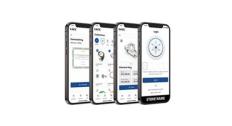 Four phones showing the app