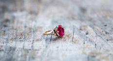 Ruby ring on a wood background
