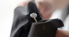Close up of a moissanite ring in a cloth